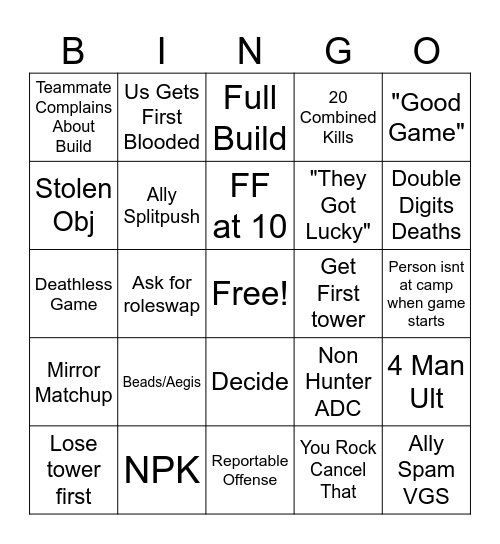 Smite Bingo Card