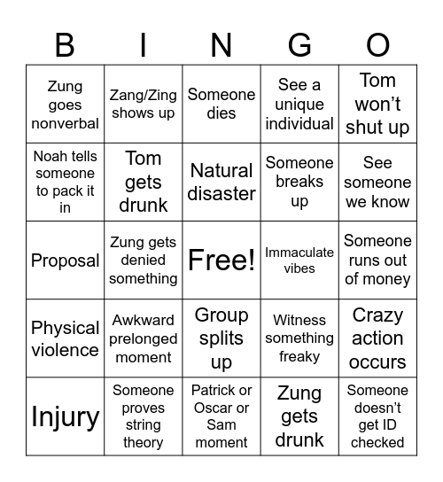 Stratford bingo Card