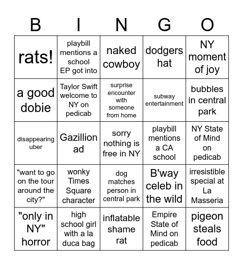 nyc girls trip bingo Card