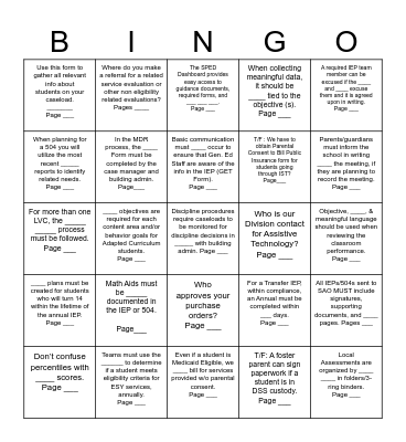 ACPS SPED Handbook Scavenger Hunt Bingo Card