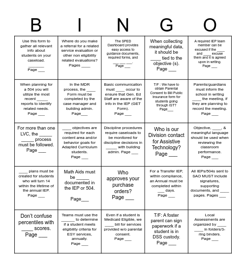 ACPS SPED Handbook Scavenger Hunt Bingo Card