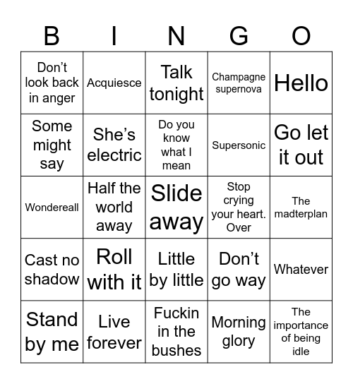Oasis Bingo Card