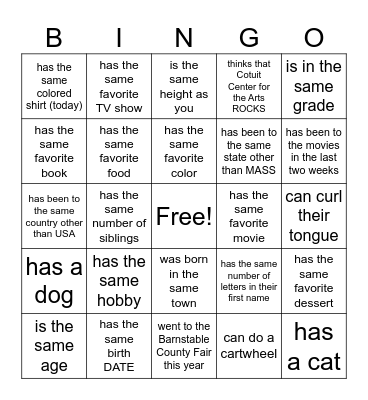 Get Acquainted Bingo Card