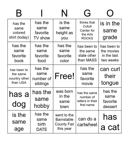 Get Acquainted Bingo Card