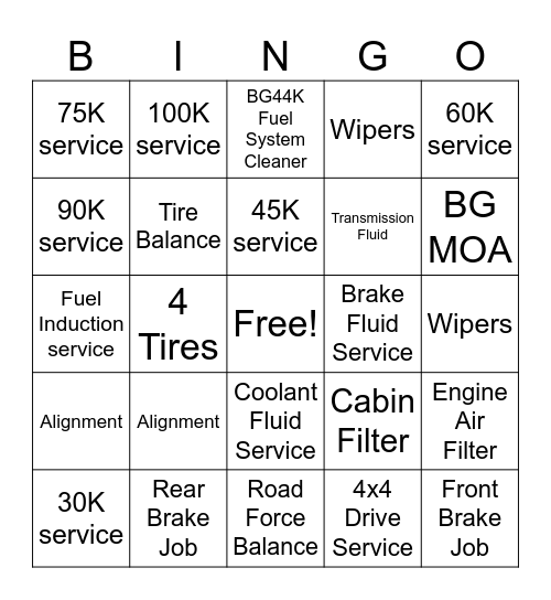 Service Advisor Bingo! Bingo Card