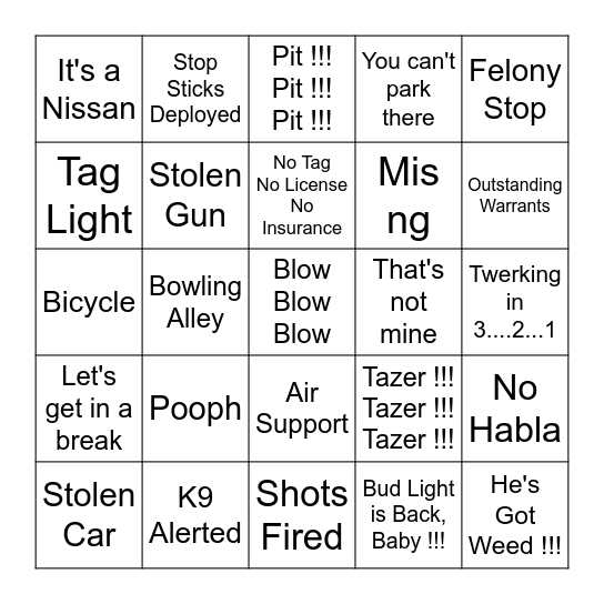 Live PD Bingo Card