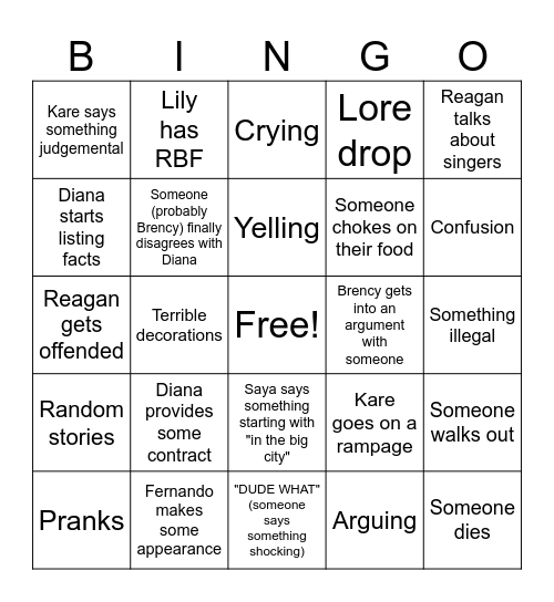 Divorce Party Bingo Card