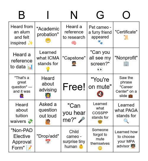 MPA Orientation Bingo Card