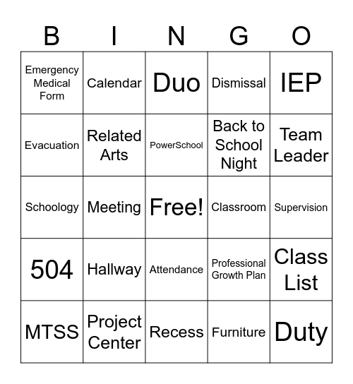 Back to School Bingo Card