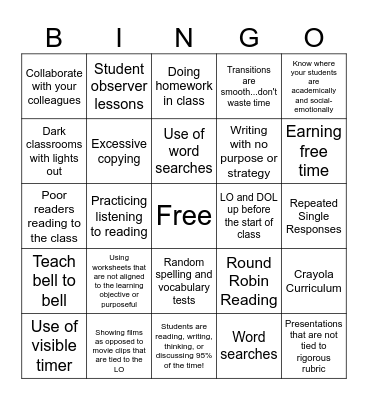 HISD Characteristics Bingo Card