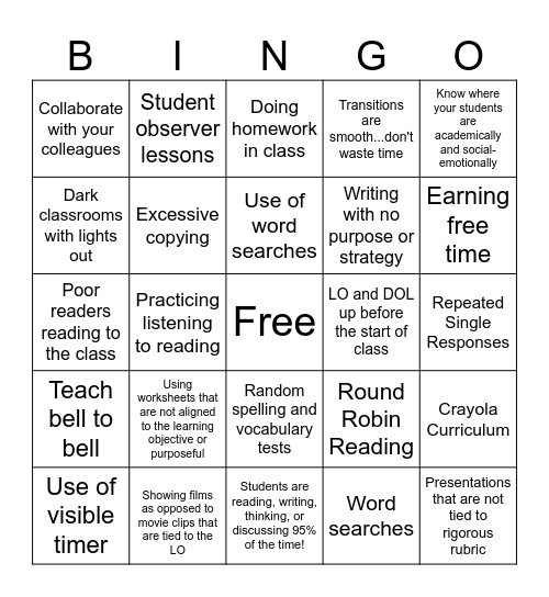 HISD Characteristics Bingo Card