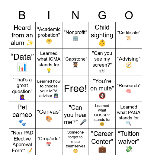 MPA Orientation Bingo Card