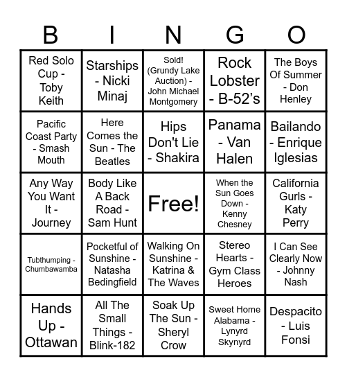 Summer Jams Bingo Card