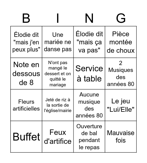 4 MARIAGES POUR UNE LUNE DE MIEL Bingo Card