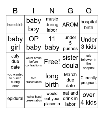 Birth Bingo Card