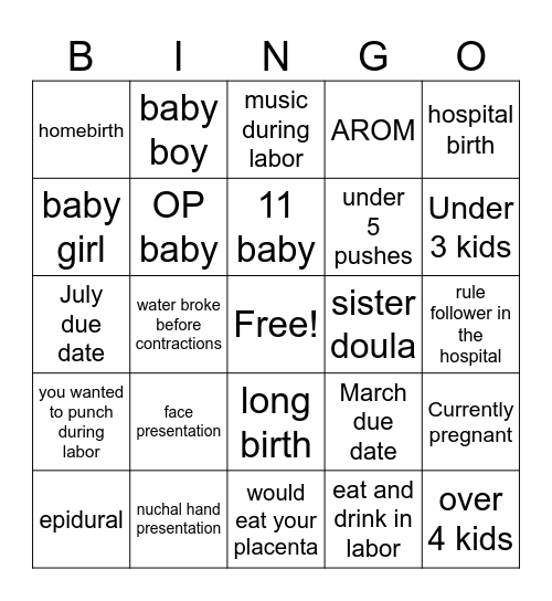 Birth Bingo Card