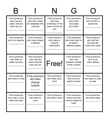Find a Friend Bingo Card