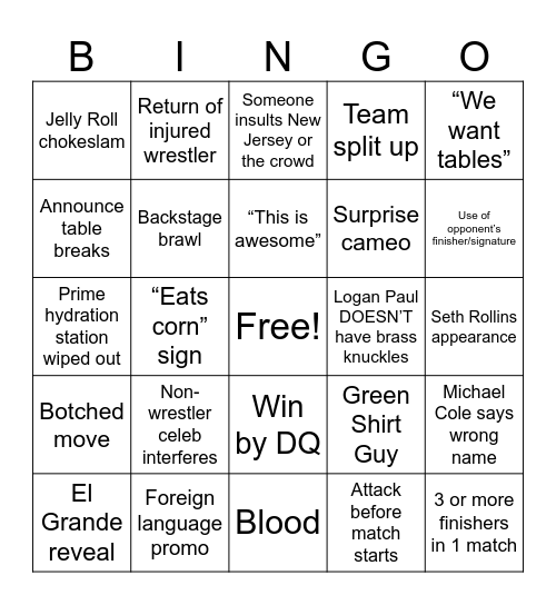 SummerSlam 2025 Bingo Card