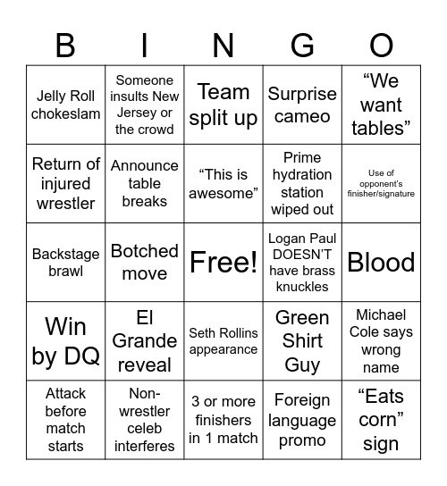 SummerSlam 2025 Bingo Card