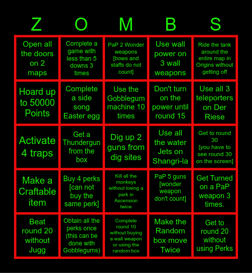 Cool Blops 3 Zombies Bingo Card