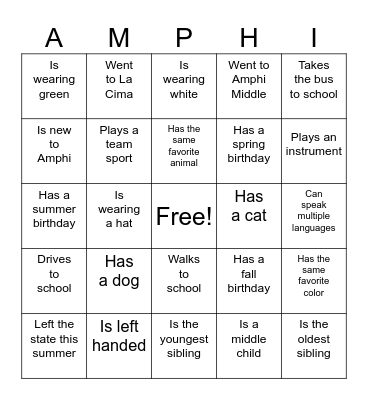 Welcome Back! Bingo Card