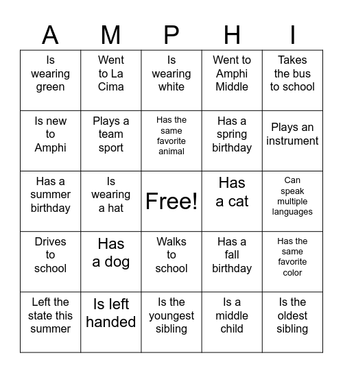 Welcome Back! Bingo Card
