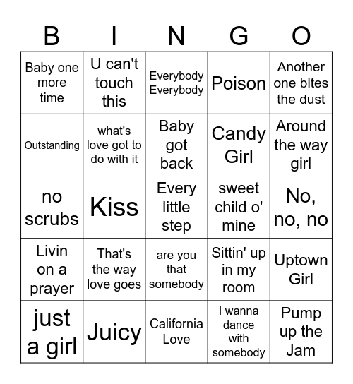 80's/90's Music BINGO Card