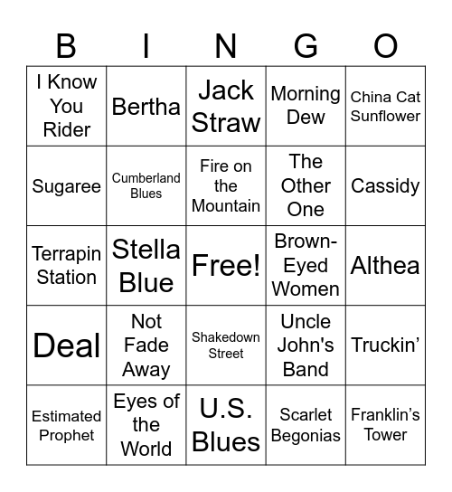 Grateful Dead 60 Bingo Card