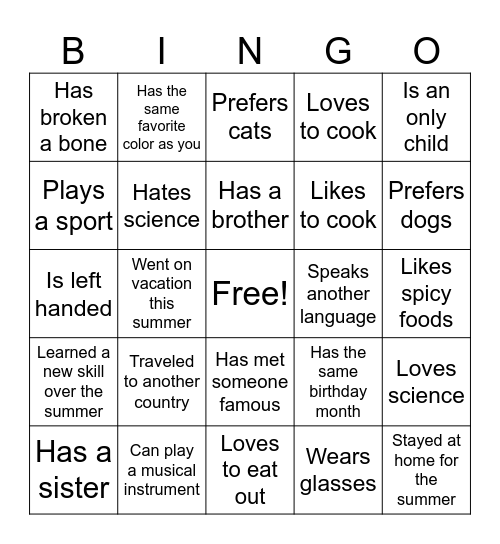 Get To Know Me Bingo! Bingo Card