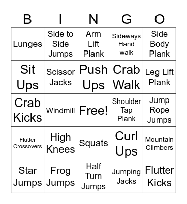 Exercise Bingo Card