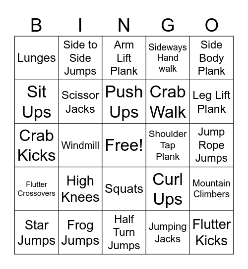 Exercise Bingo Card