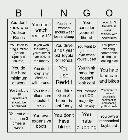 Redditor Bingo Card