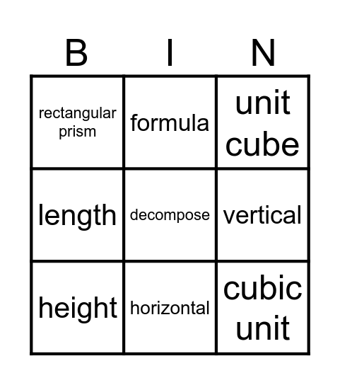 Volume Vocabulary Bingo Card