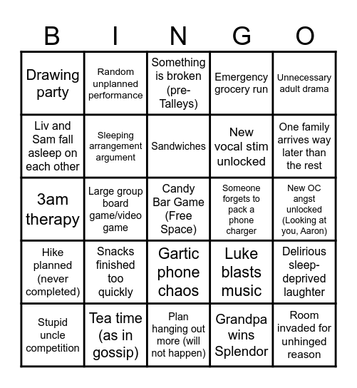 Talley Family Reunion 2025 Bingo Card