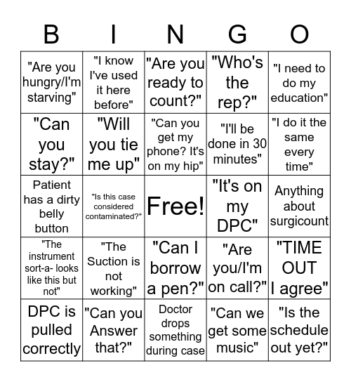 Commonly Heard/Seen in the Operating Room Bingo Card