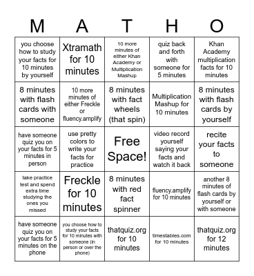 Katelynn's Multiplication Fact Success Bingo Card