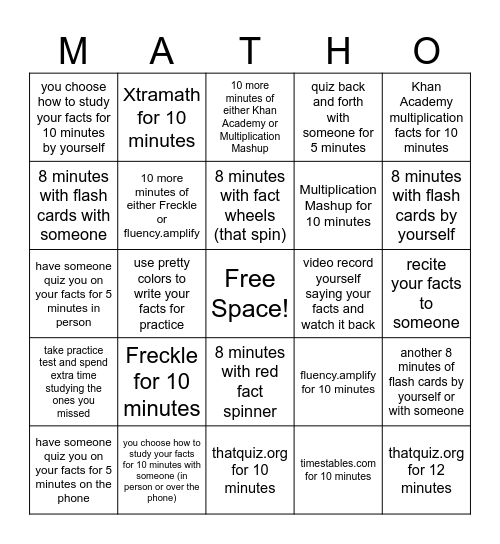 Katelynn's Multiplication Fact Success Bingo Card