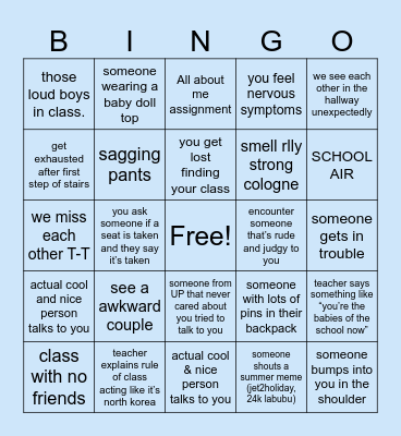 1st day of school bingo Card