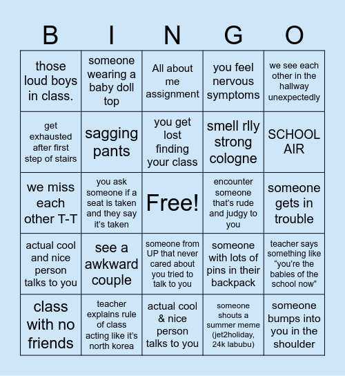 1st day of school bingo Card