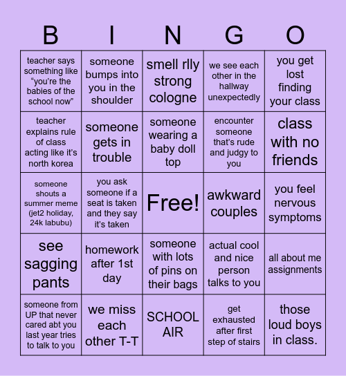 1st day of school bingo Card