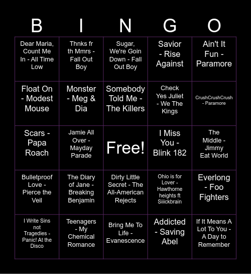 Sickness Singo - Early 2000's emo Bingo Card