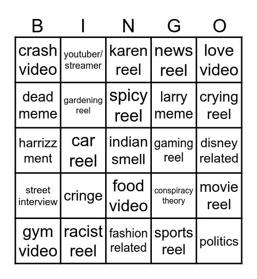 Instagram reel bingo Card