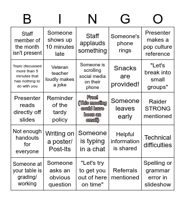 LHS PD/Staff Meeting Bingo Card