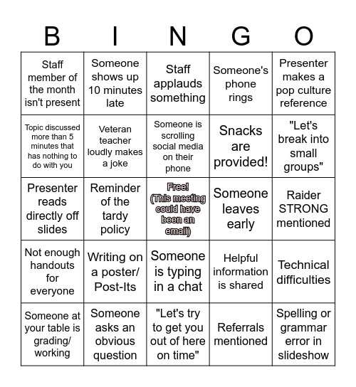 LHS PD/Staff Meeting Bingo Card