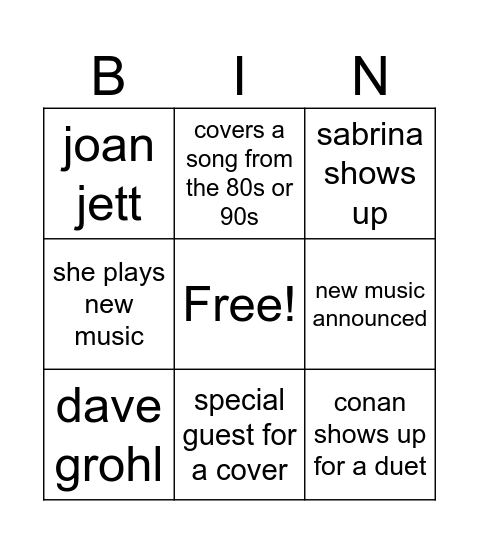 livapalooza Bingo Card
