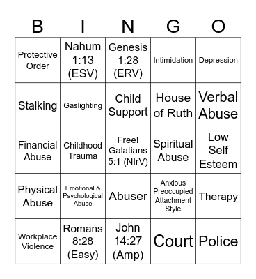 Domestic Violence/IPV Bingo Card