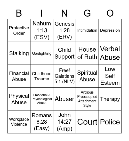 Domestic Violence/IPV Bingo Card