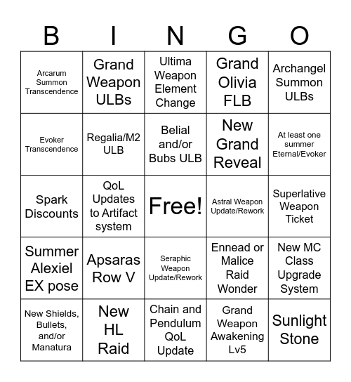 GBF Summer 2025 Stream Bingo Card