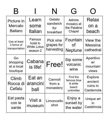 Cinque In Sicilia Bingo Card