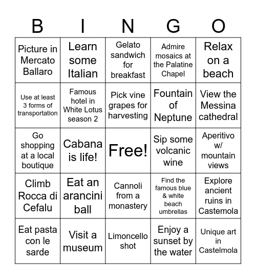 Cinque In Sicilia Bingo Card